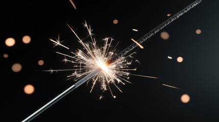 Fototapeta premium A sparkler burns brightly against a dark background, emitting shimmering sparks and creating a festive atmosphere.