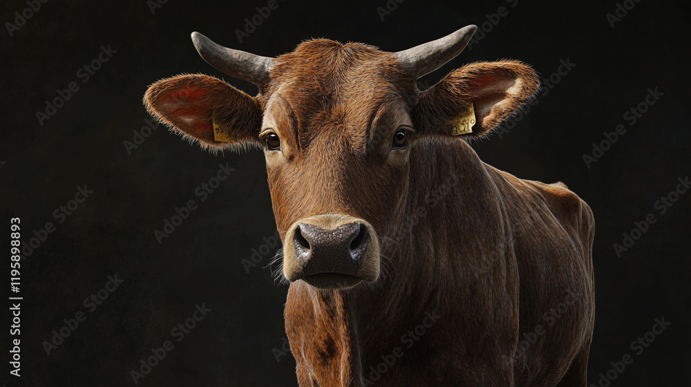 Poster cow looking directly at the camera in a natural setting. generative ai