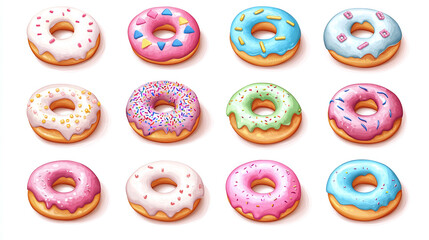 Top view illustration of different various donuts with pink, blue and white cream and colorful sprinkles. sweet bakery pastry dessert food, round tasty glazed doughnut, unhealthy calories.