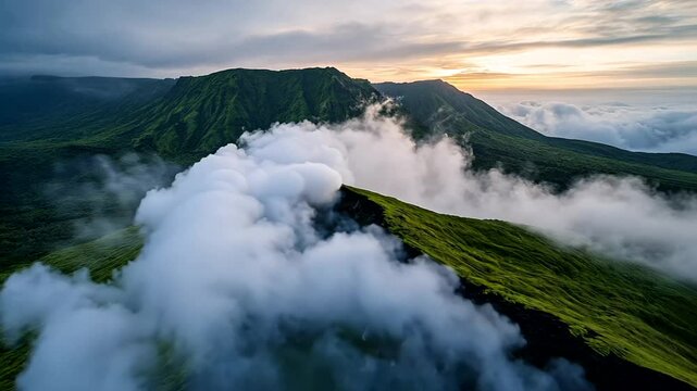 Lush mountain landscape with rolling clouds at sunrise, ideal for exploration and Earth Day themes