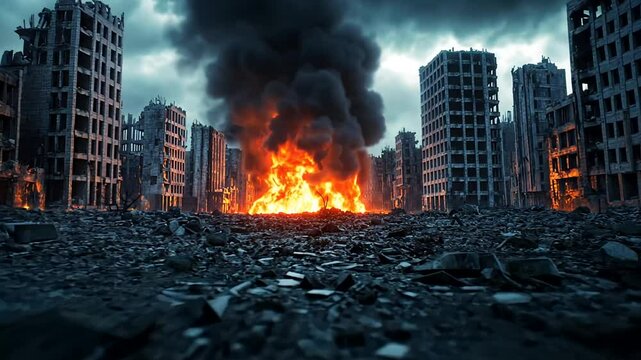 A massive fire engulfs the ruins of a post-apocalyptic cityscape, symbolizing destruction and chaos