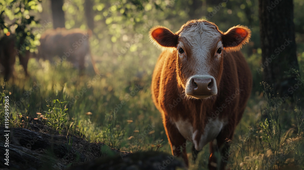 Aufkleber cattle grazing in a sunlit forest during golden hour with soft shadows. generative ai