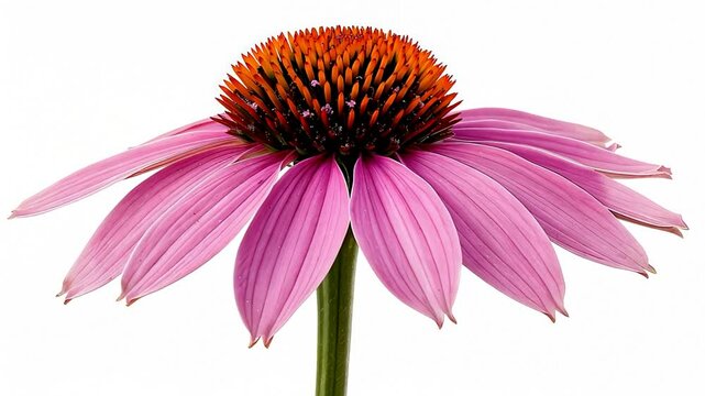 Vibrant pink coneflower with orange center on white background, symbolizing summer and wellness concepts