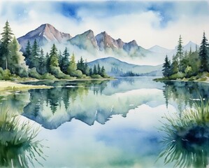 Watercolor depiction of a tranquil national park landscape showcasing wildlife and serene lake reflections under a bright day