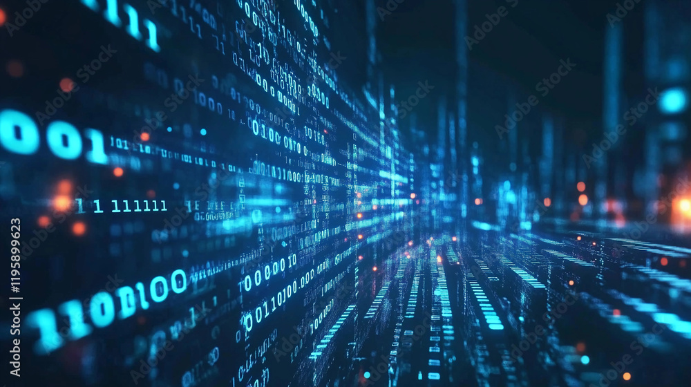 Aufkleber digital landscape filled with flowing binary code in cyber environment. generative ai