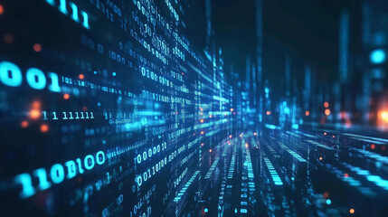 Digital landscape filled with flowing binary code in cyber environment. Generative AI