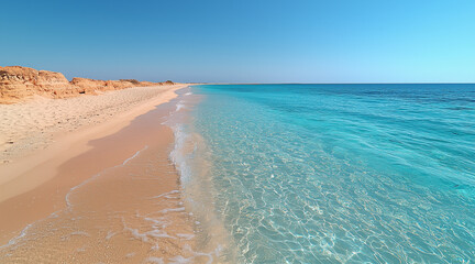 A breathtaking and empty beach viewed from a low angle as if standing on the sand. The golden sand stretches along the shoreline, meeting crystal-clear turquoise water
