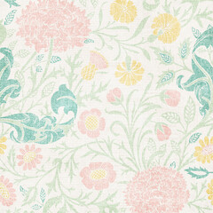 Pastel seamless floral pattern with delicate hand-drawn flowers and leaves. Perfect for fabric, wallpaper, and elegant botanical designs.