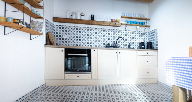 modern kitchen interior with vintage tiles