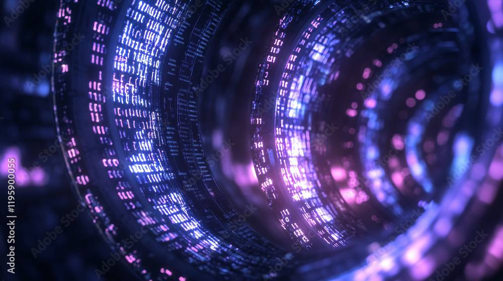 Poster digital tunnel with binary code swirling in vibrant colors. generative ai