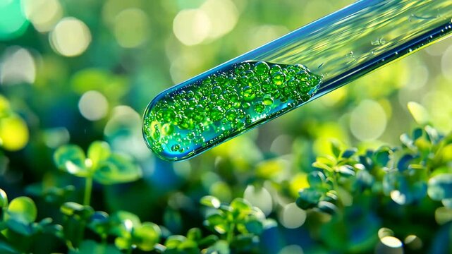 Test tube filled with vibrant green liquid rests amidst lush green plants under bright light