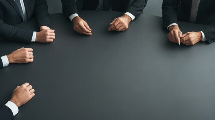 Top view of hands of diverse business professionals seated at a round table, engaging in a meeting or discussion.