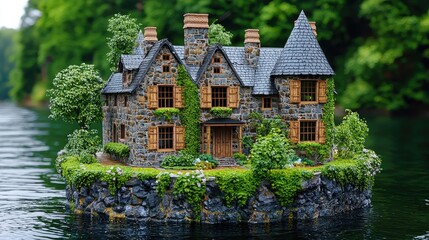 Obraz premium Stone House on a Secluded Island in a Lake