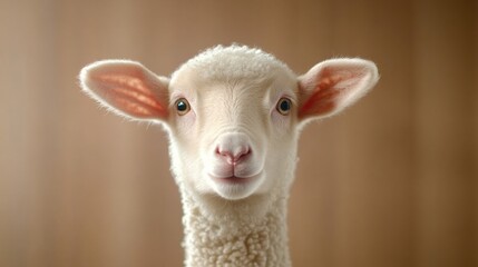 Fototapeta premium A young lamb gazes directly ahead with a calm, gentle expression. The image is highly detailed, showcasing the lamb's soft wool and delicate features.