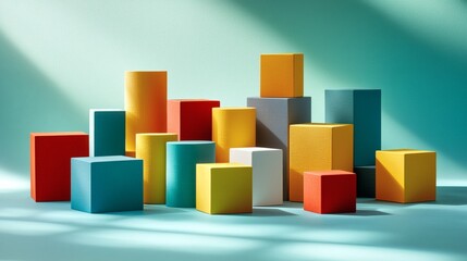 Obraz premium Geometric Composition in Sunlight: Vibrant geometric shapes in a bold color palette of red, yellow, blue, and green are stacked against a soft teal backdrop, bathed in a soft beam of sunlight.
