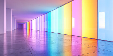 Modern hallway with gradient glass walls and colorful reflections