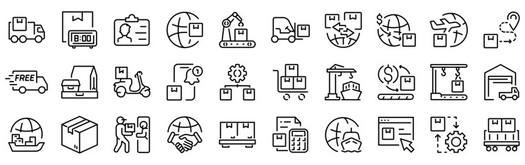 Delivery line web icons. Value chain, logistic, manufacturing, commerce. Outline icon collection. Vector illustration. Editable stroke