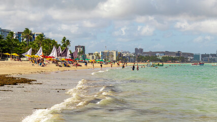 beach with palm trees and sea  tropical beach in northeastern Brazil in the state of Alagoas, city of Maceio, Ponta Verde beach