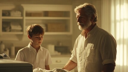 A father and son work together, loading dirty laundry into a washing machine in a softly lit, warm-toned laundry room.
