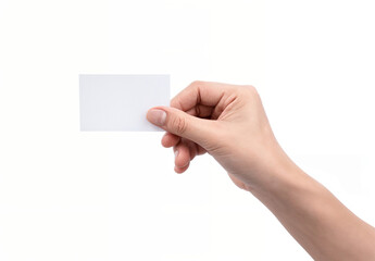 Obraz premium A hand holds blank rectangle card on white background.