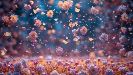 Fototapeta premium Flower Petals Falling Light Pink Purple Rain Abstract Background Dreamy