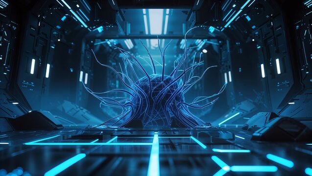 Blue Sci-Fi Interior with Glowing Alien Object Center Futuristic Space Technology Scene
