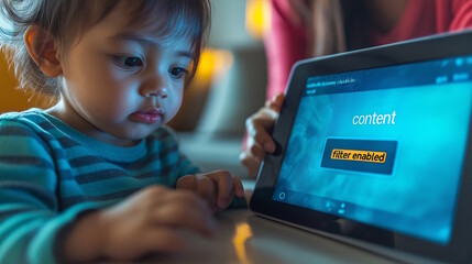Close-up of asian toddler interacting with tablet, content filter enabled, concept of child safety and parental control