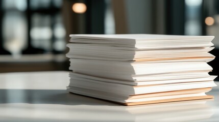 A neatly stacked pile of documents is placed on an office desk, bathed in soft daylight, suggesting a busy work environment.