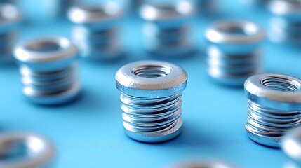 A Harmonious Blend of Silver Screws on a Soft Light Blue Background in an Elegant Flat Lay Arrangement