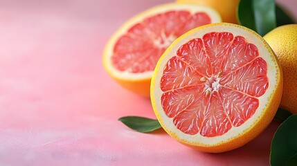 Visual Delight of Artistically Arranged Fresh Grapefruit Slices Against a Pastel Pink Background for a Health-Conscious Audience