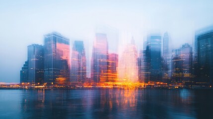 Fototapeta premium Artistic blur of city skyline at twilight with glowing lights