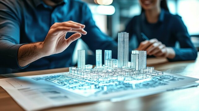 A group of professionals, likely of diverse ethnic backgrounds, discussing a holographic building model during a meeting.