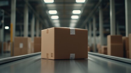 A closeup of a cardboard box on a conveyor belt in a warehouse setting, surrounded by blurred rows of similar boxes in the background.