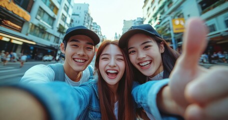 Fototapeta premium Young friends taking a selfie in a vibrant city street