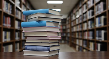 Fototapeta premium Book stack on the desk in public library 