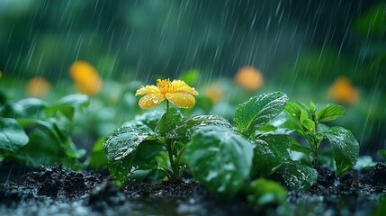 A garden after a rainstorm, with soil rich and dark and young plants and flowers emerging, representing nature's resilience. 460