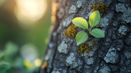 A close-up of a tree’s bark with fresh moss and new shoots growing, representing the revival of old trees in spring. 470