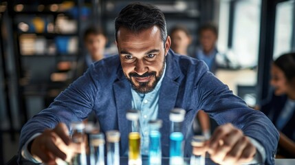 A focused individual, likely European, examines colorful test tubes in a laboratory while colleagues collaborate in the background.