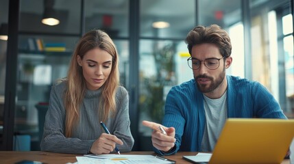A professional setting with a man and a woman discussing charts and data on a table. They appear to be engaged in a collaborative effort, showcasing teamwork.