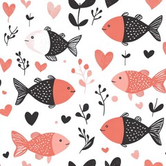 Seamless valentine pattern with stylized fish, hearts, and floral elements