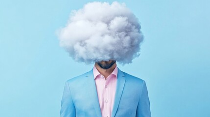 A man in a blue suit with a cloud obscuring his head, symbolizing mental health and introspection against a pastel blue background.