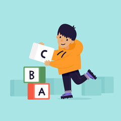Children's education. Boy learns alphabet, builds pyramid from cubes, learning letters. Preparation for school. Flat design vector illustration.
