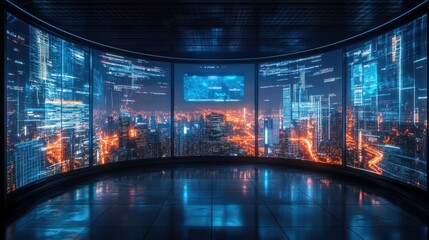 Futuristic panorama of a city skyline with holographic data display