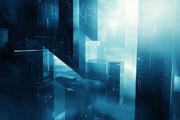 Futuristic digital cityscape with glowing geometric architecture