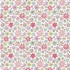 Colorful hand-drawn floral pattern with pastel pink, green, purple, and red blooms on white, perfect for cheerful textiles, kids’ designs, and playful decor.