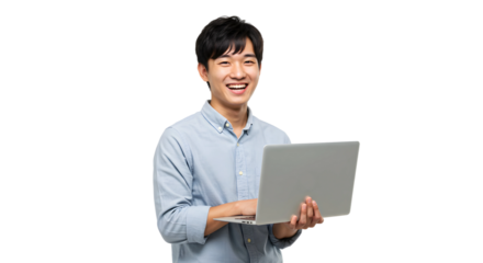 a young man smiling an holding laptop on transparent background, man with laptop png