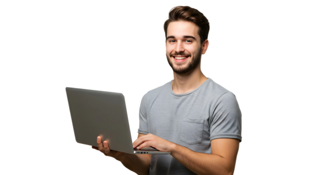 a young man smiling an holding laptop on transparent background, man with laptop png - Powered by Adobe