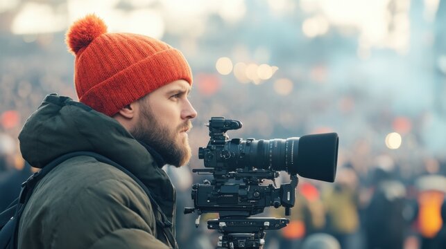 A bearded man in a red beanie operates a professional camera, focusing intently at an outdoor event with a blurred crowd in the background.