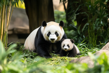 Obraz premium A giant panda and its cub sitting together in a lush bamboo forest.
