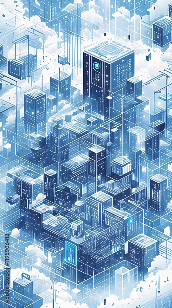 Poster futuristic virtual city network of technological artificial intelligence servers and data systems